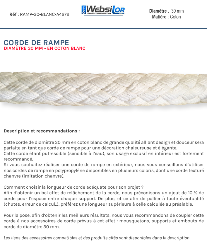 Informations techniques Corde de rampe en coton blanc 30 mm